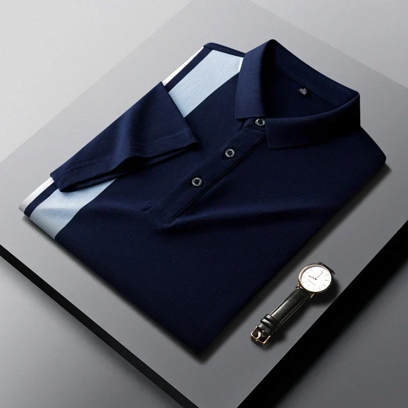 Summer Luxury Fashion Pure Cotton Striped Polo T-shirt Men's - Image 3