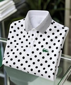 Men’s Classic Business Black and White Polka Dot Logo Button Short Sleeve