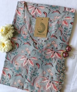 Grey-Peach Flora Angrakha Cotton Kurta - M