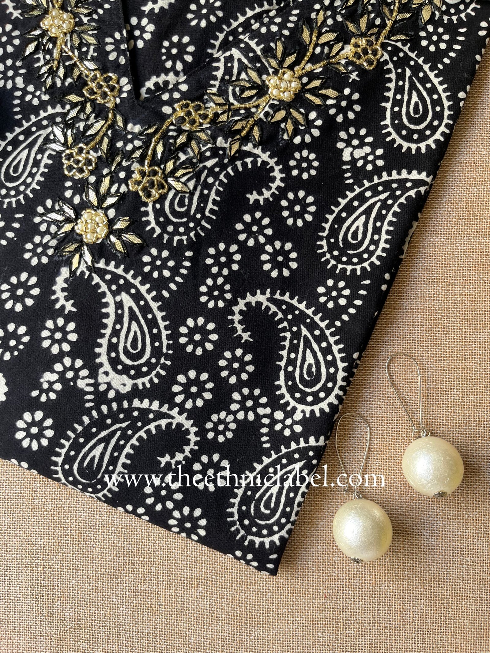 "Surbhi" Hand Embroidered Block Printed Cotton kurta - Image 2