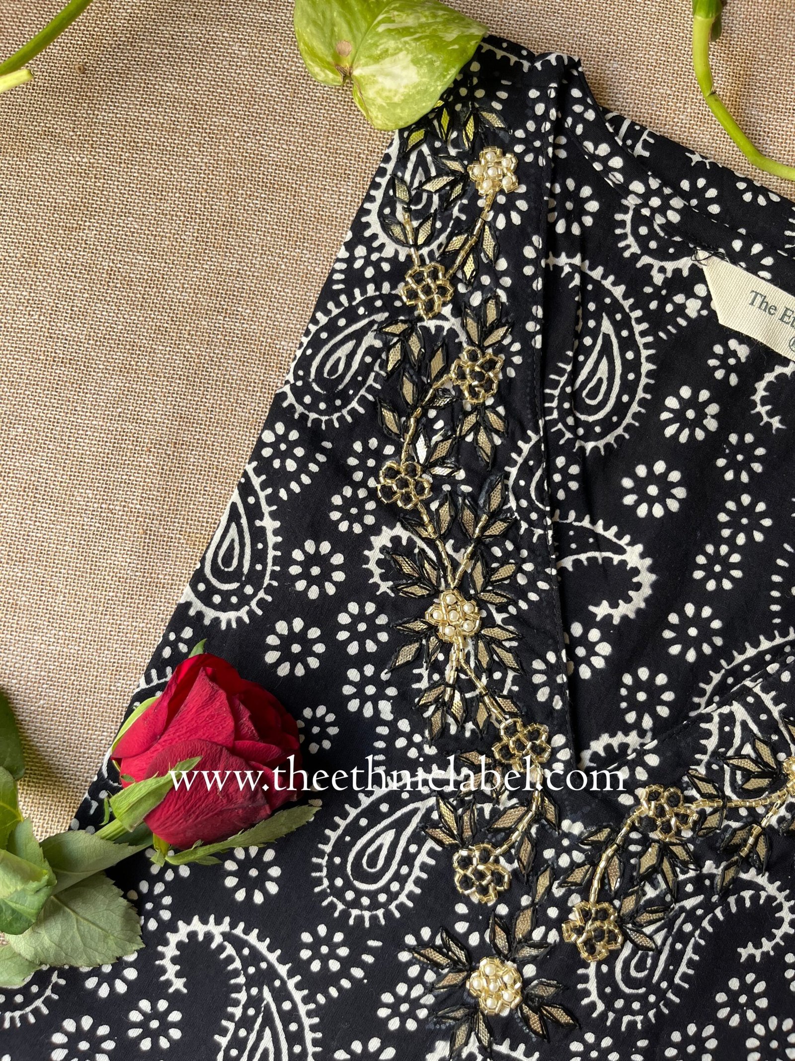 "Surbhi" Hand Embroidered Block Printed Cotton kurta - Image 3