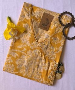 "Basant" Yellow Floral Angrakha Cotton Kurta - M
