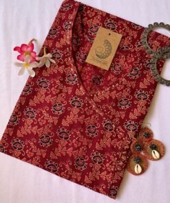 Hand Block Printed Maroon Ajrakh Angrakha Cotton Kurta - S