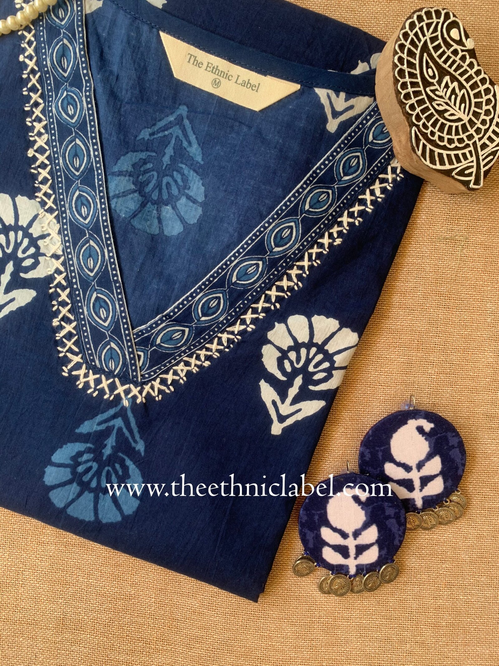 "Ambar" Indigo Hand Embroidered Cotton kurta - Image 3