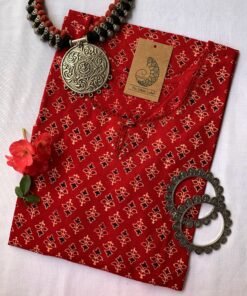 Hand Block Printed Red Ajrakh Boota Cotton Kurta - L