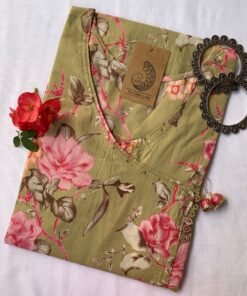 Green Pink Carnation Flora Angrakha Cotton Kurta - XXL