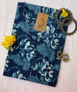Hand Block Printed Summer Indigo Buttoned Cotton Kurta - XXL