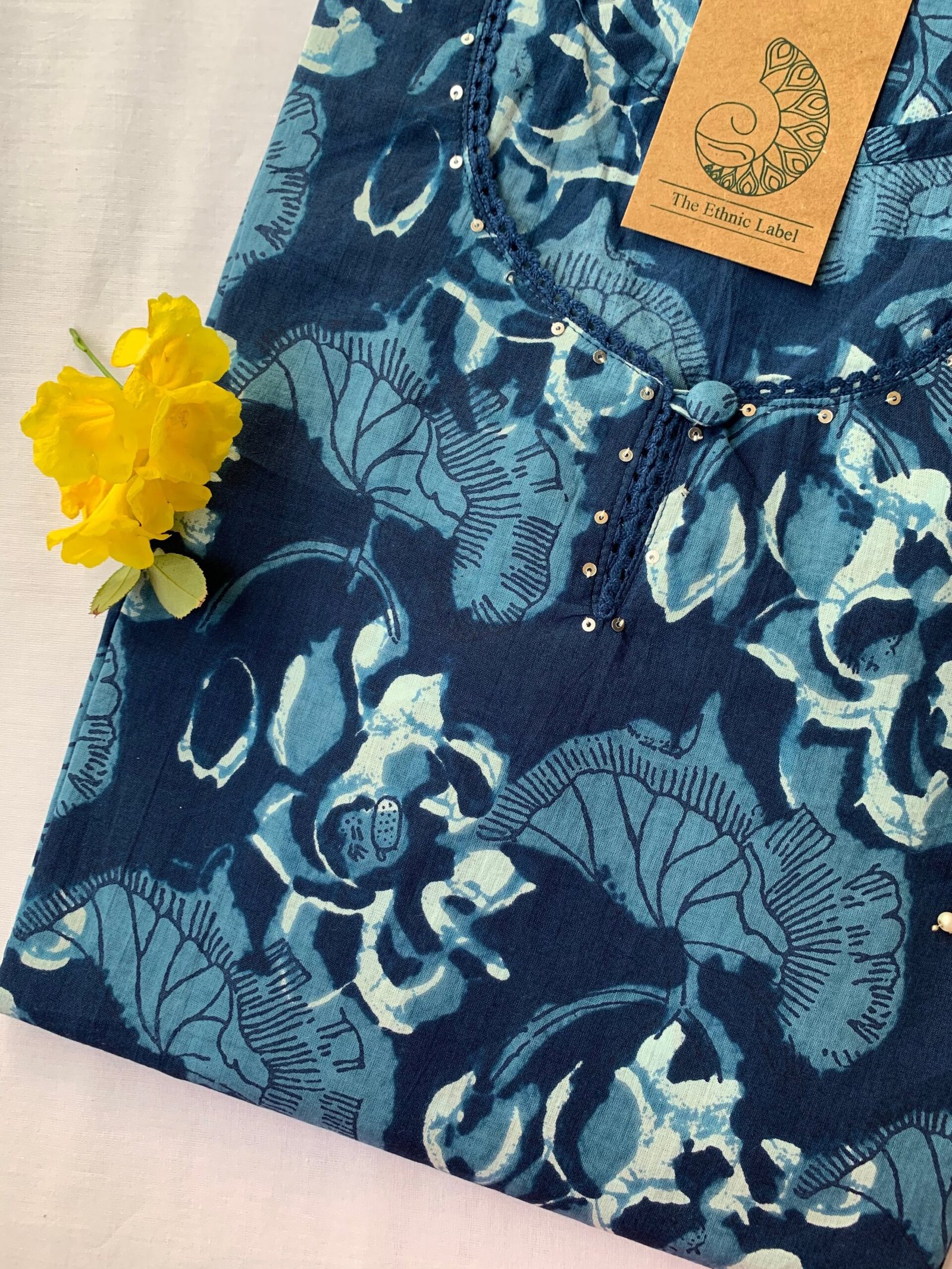 Hand Block Printed Summer Indigo Laced Cotton Kurta - Image 2