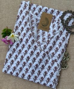 Hand Block Printed White Boota Angrakha Cotton Kurta