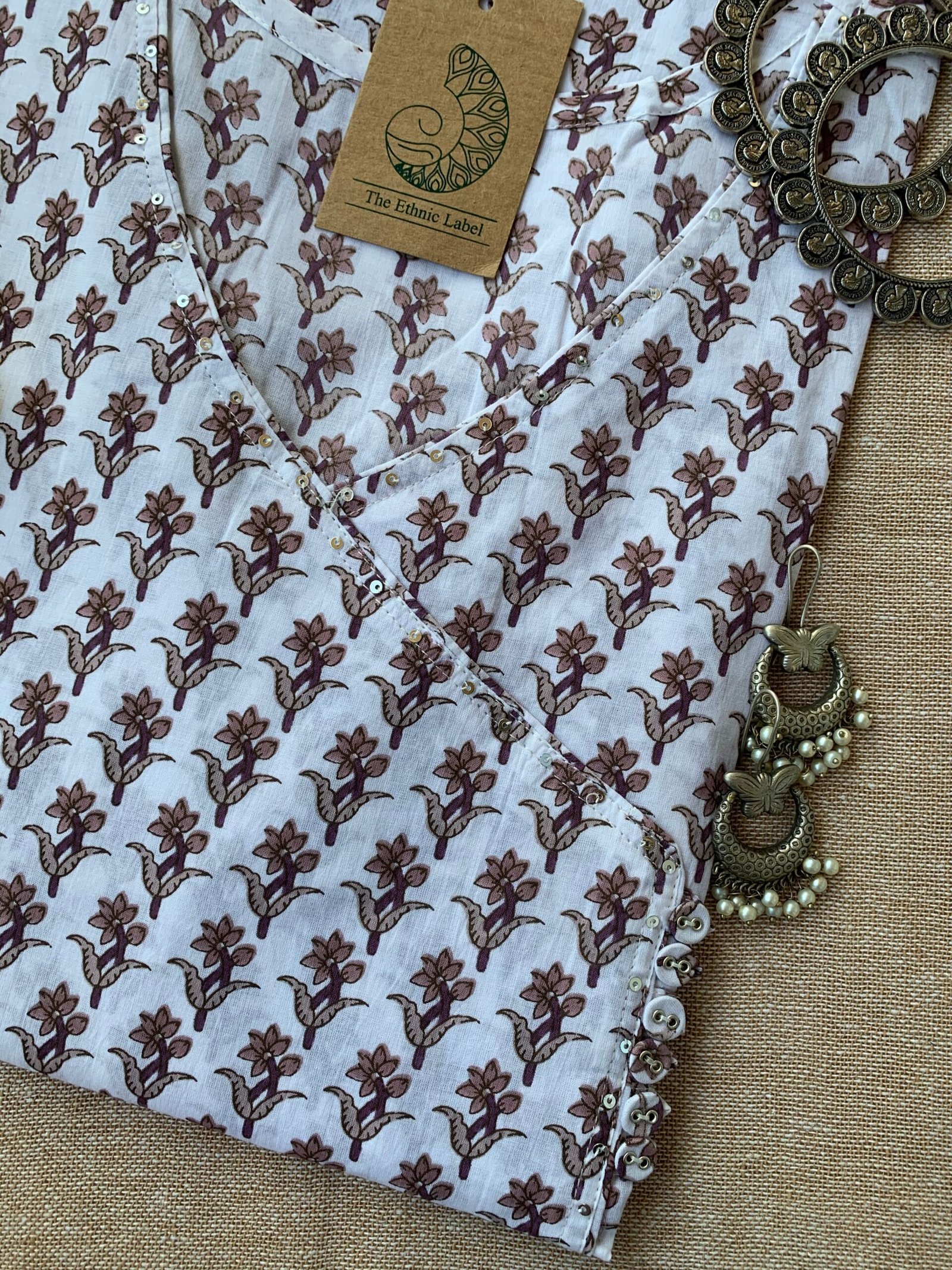 Hand Block Printed White Boota Angrakha Cotton Kurta - Image 2