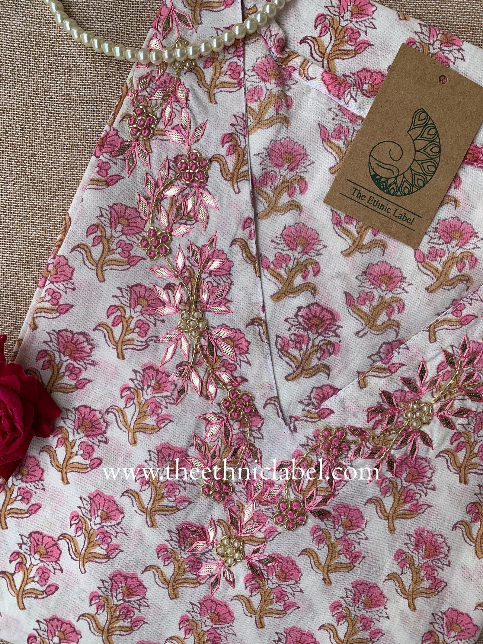 "Tabu" Hand Embroidered Block Printed Cotton kurta - Image 4