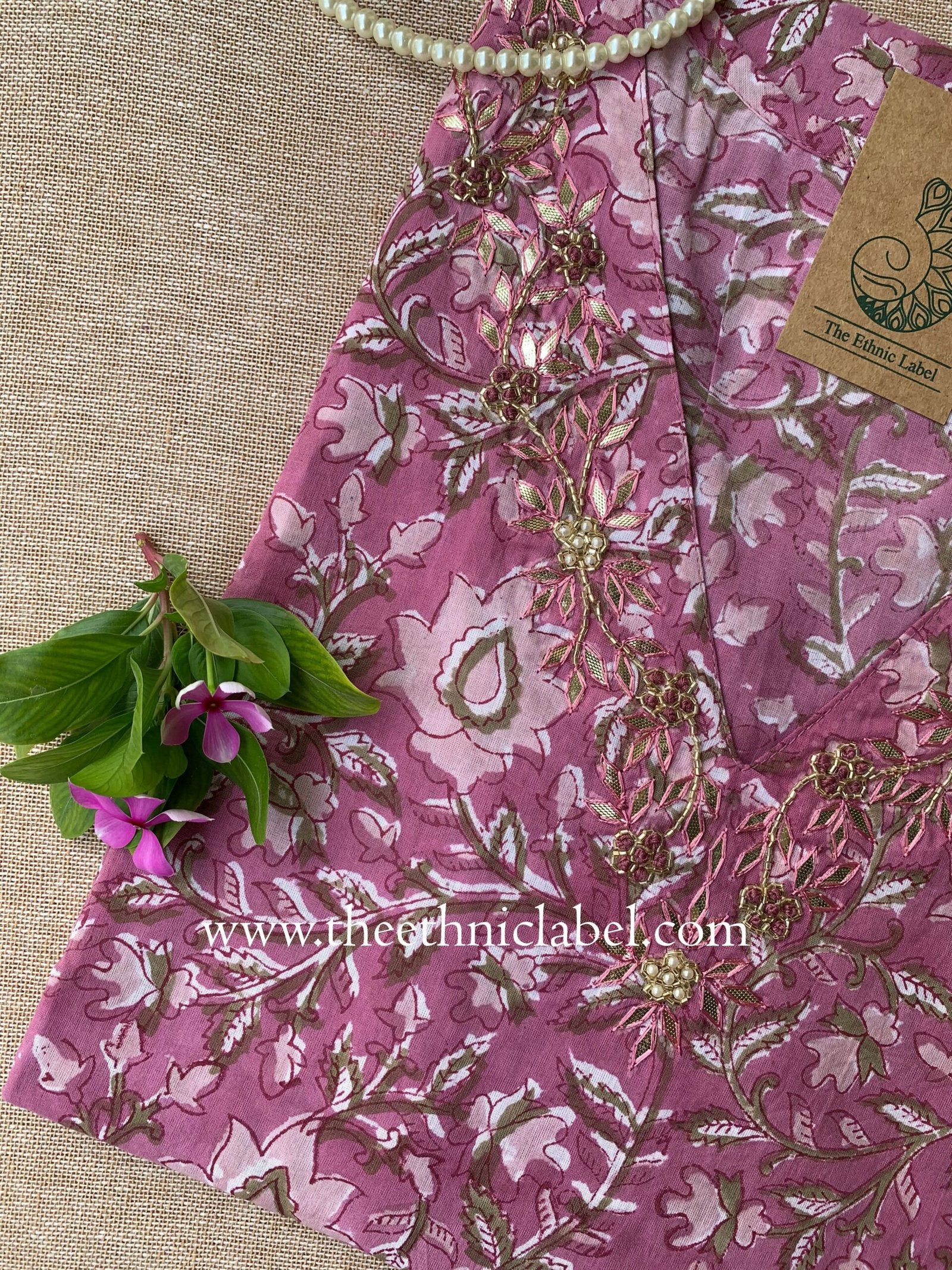 "Esra" Hand Embroidered Block Printed Cotton kurta - Image 5