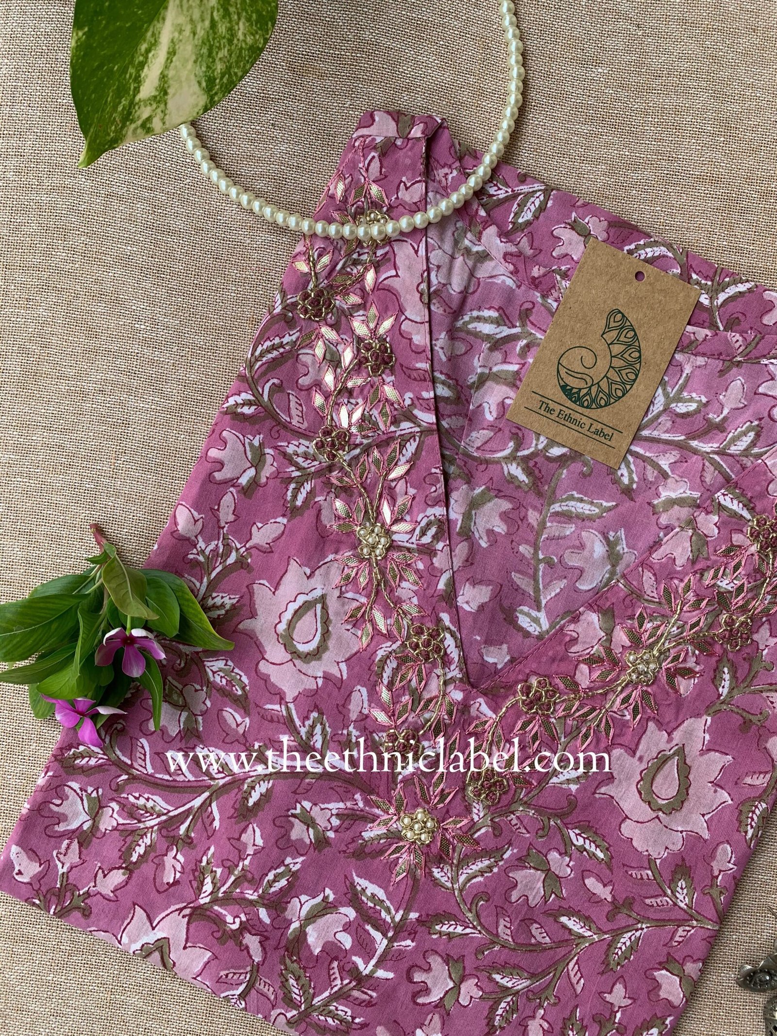 "Esra" Hand Embroidered Block Printed Cotton kurta - Image 4