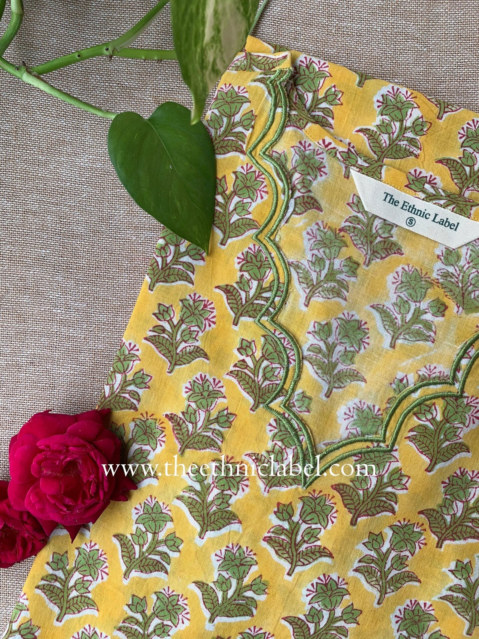 "Aarushi" Hand Block Printed Scalloped Cotton kurta - M - Image 2