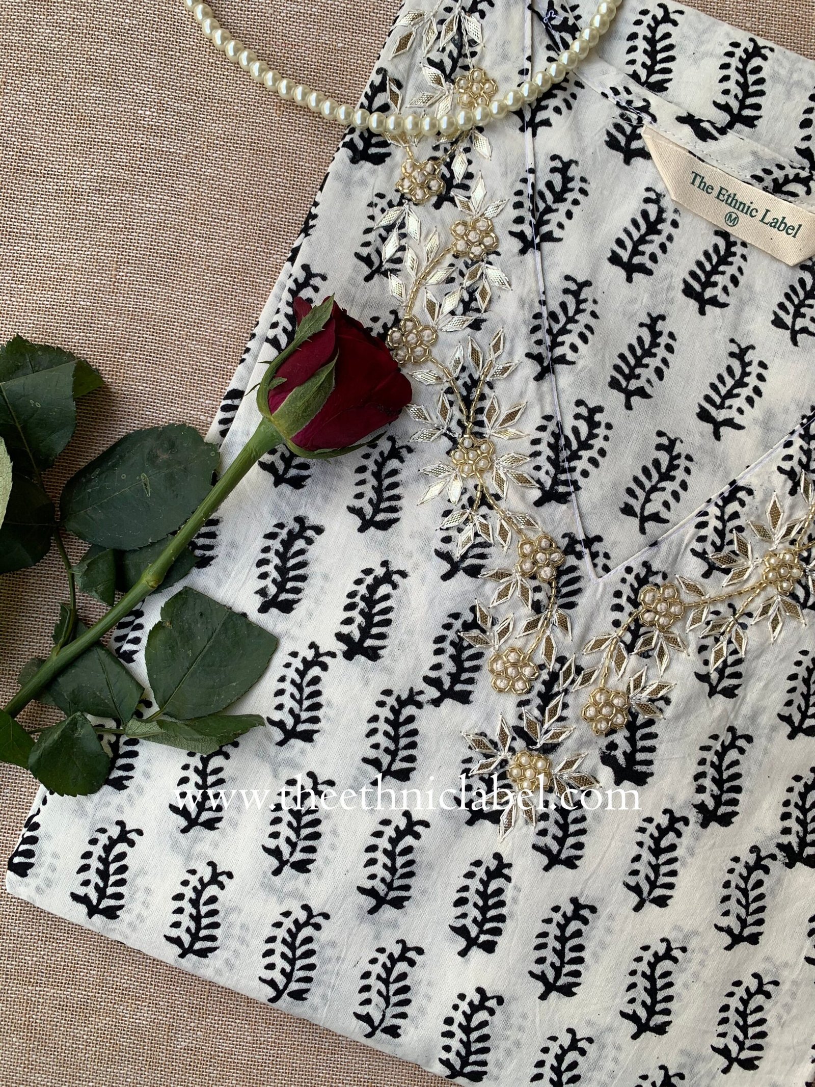 "Tarifa" Hand Embroidered Block Printed Cotton kurta - Image 4