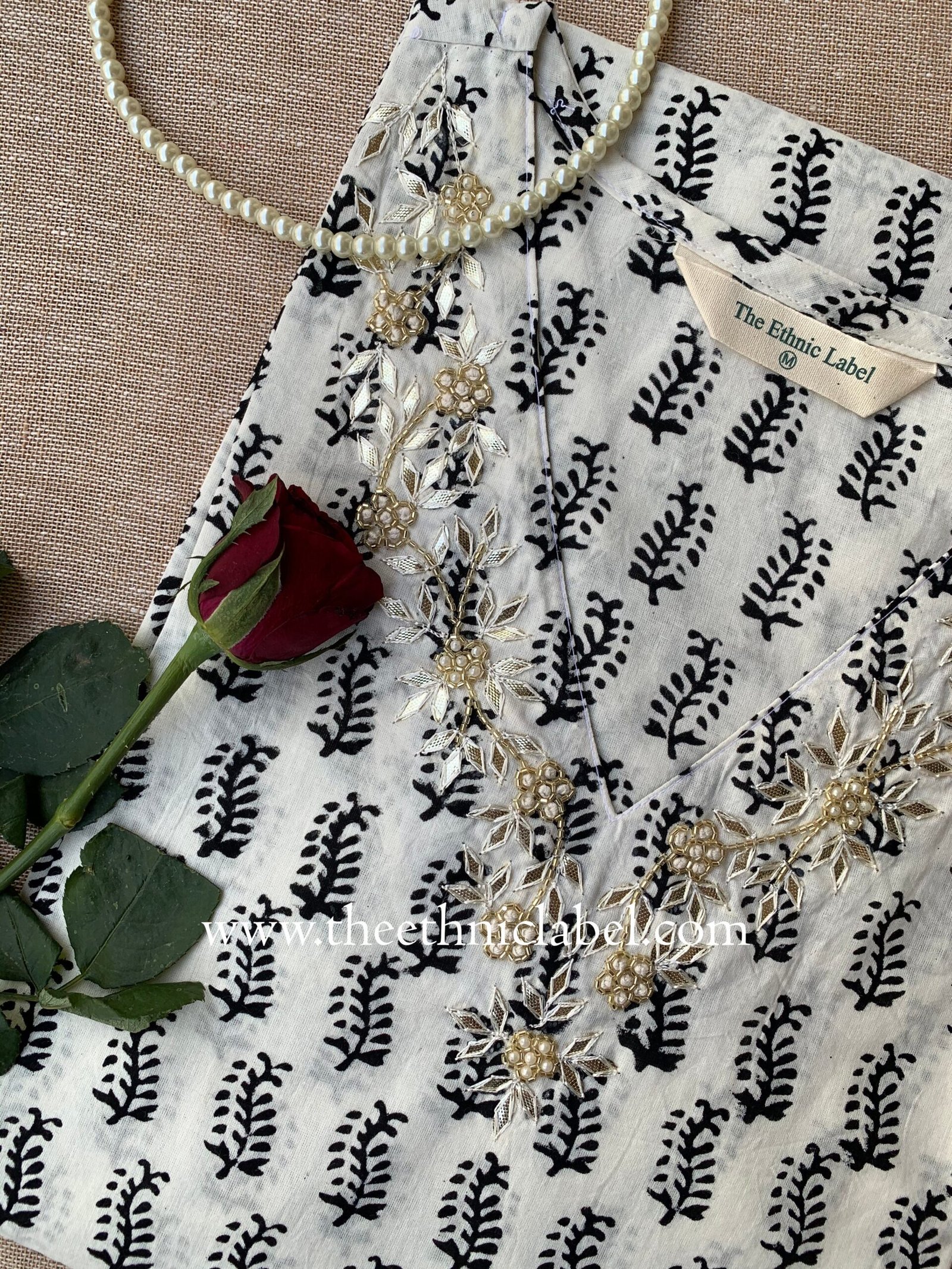 "Tarifa" Hand Embroidered Block Printed Cotton kurta - Image 3