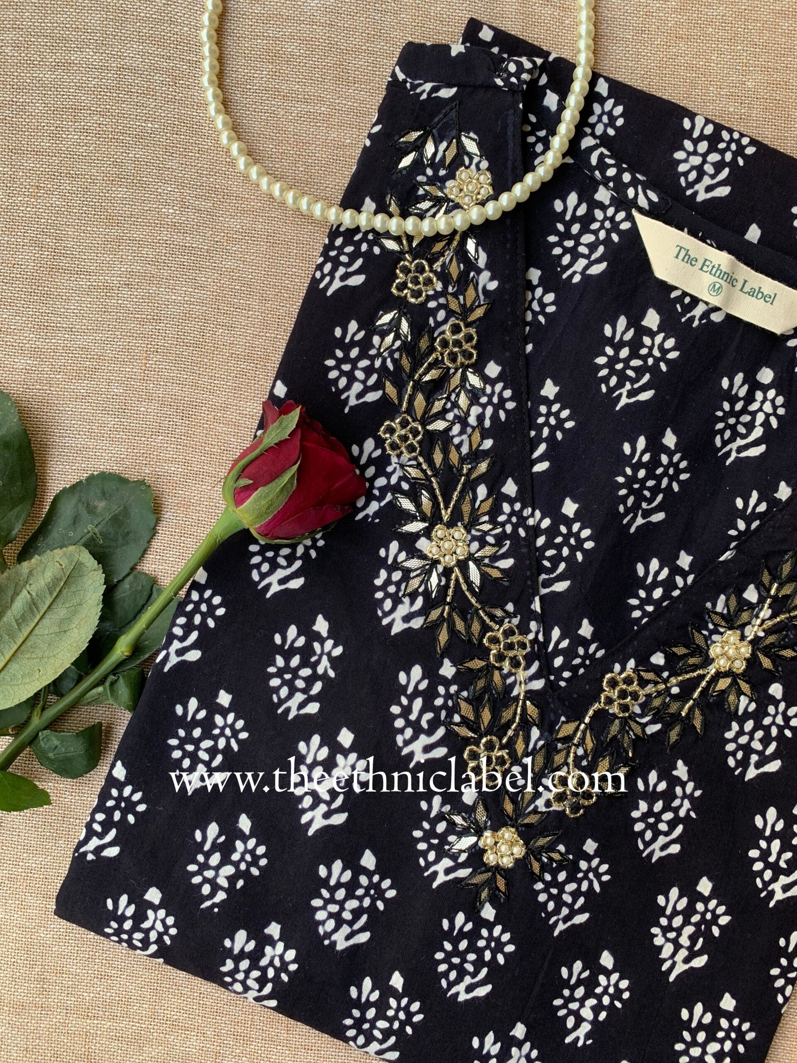 "Shobhita" Hand Embroidered Block Printed Cotton kurta - Image 2