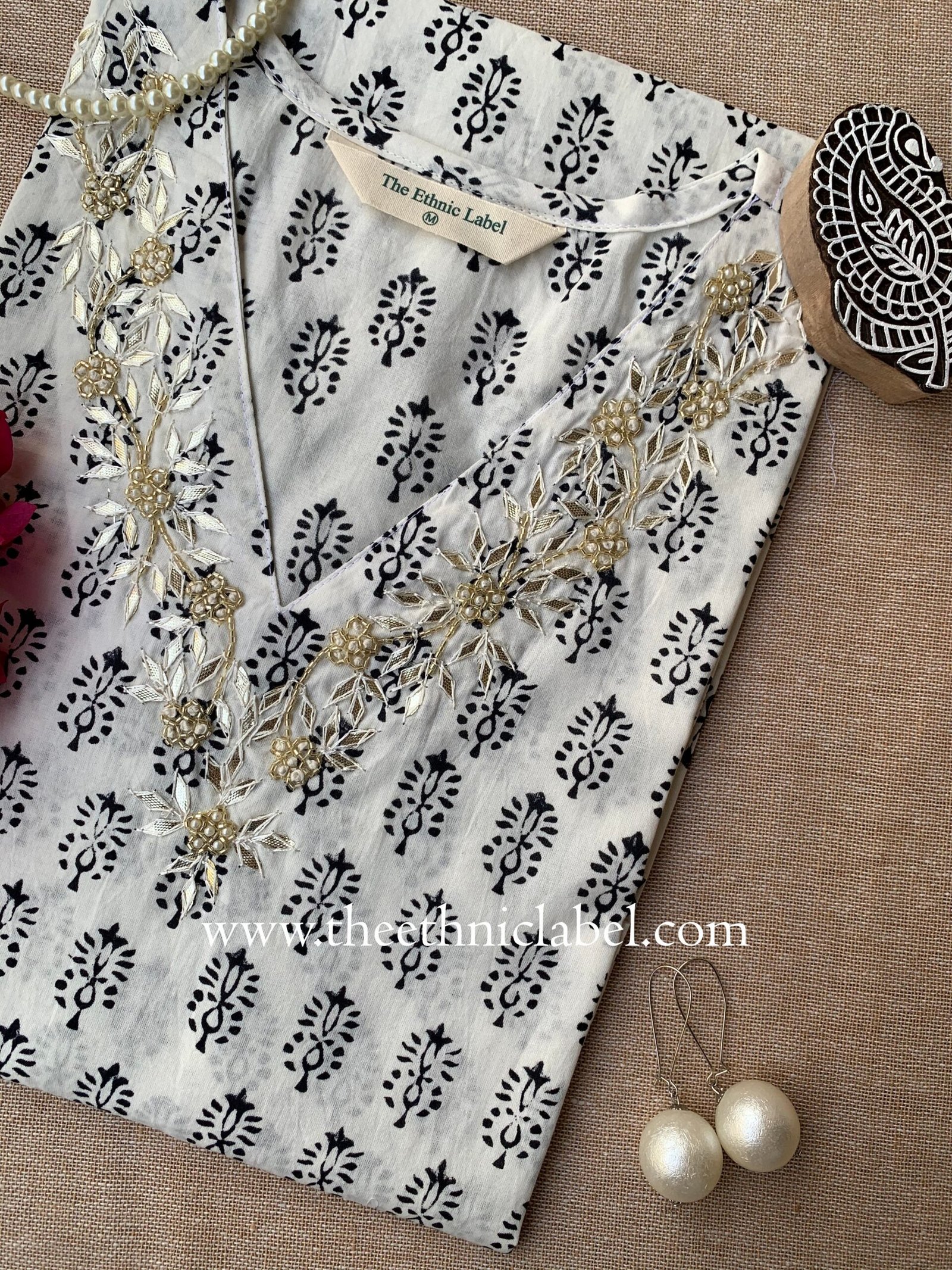 "Aria" Hand Embroidered Block Printed Cotton kurta - Image 3