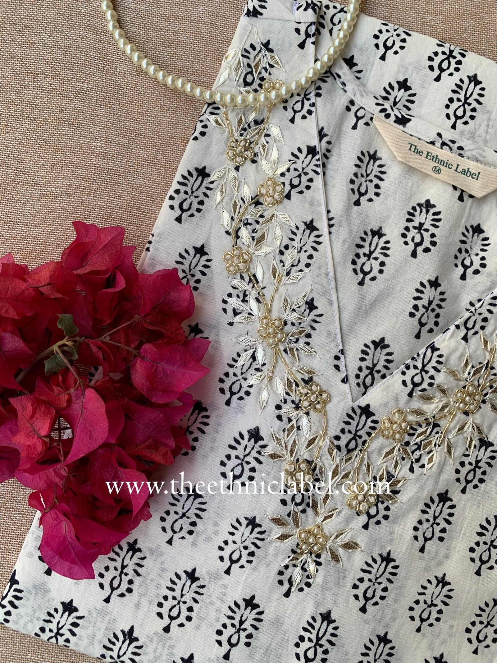 "Aria" Hand Embroidered Block Printed Cotton kurta - Image 5