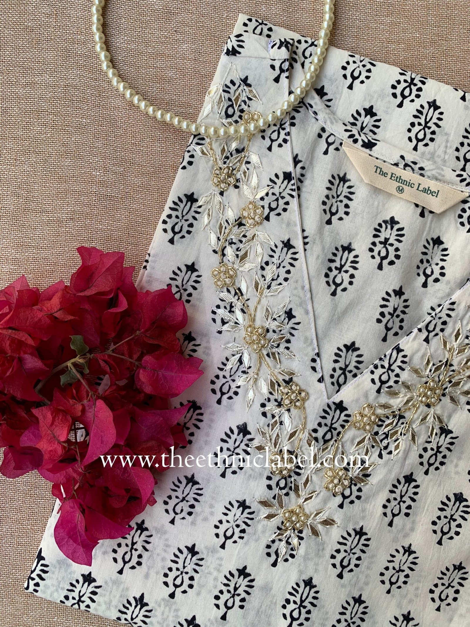 "Aria" Hand Embroidered Block Printed Cotton kurta - Image 4
