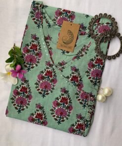 Green-Pink Mughal Angrakha Cotton Kurta - Big Size