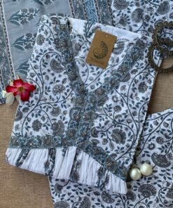 White Grey Mughal Cotton Kurta Set - 3pc