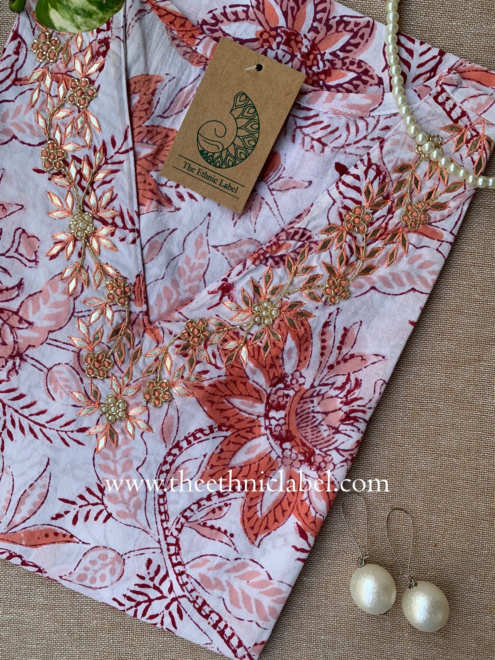 "Ragavi" Hand Embroidered Block Printed Cotton kurta - Image 2
