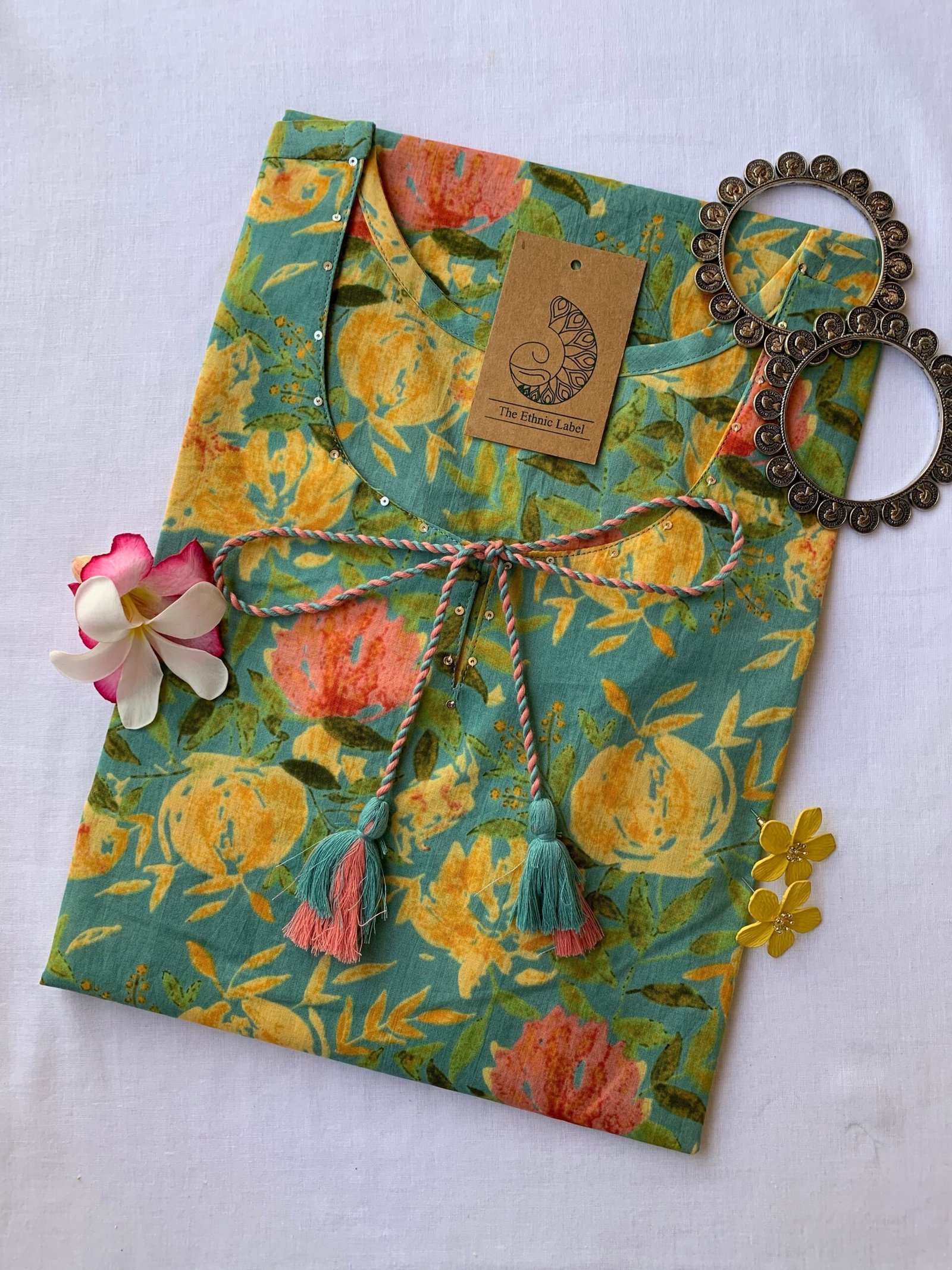 "Daffodils" Sanganer Hand Block Printed Tassel Cotton Kurta