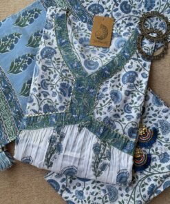 White Blue Mughal Cotton Kurta Set - 3pc M