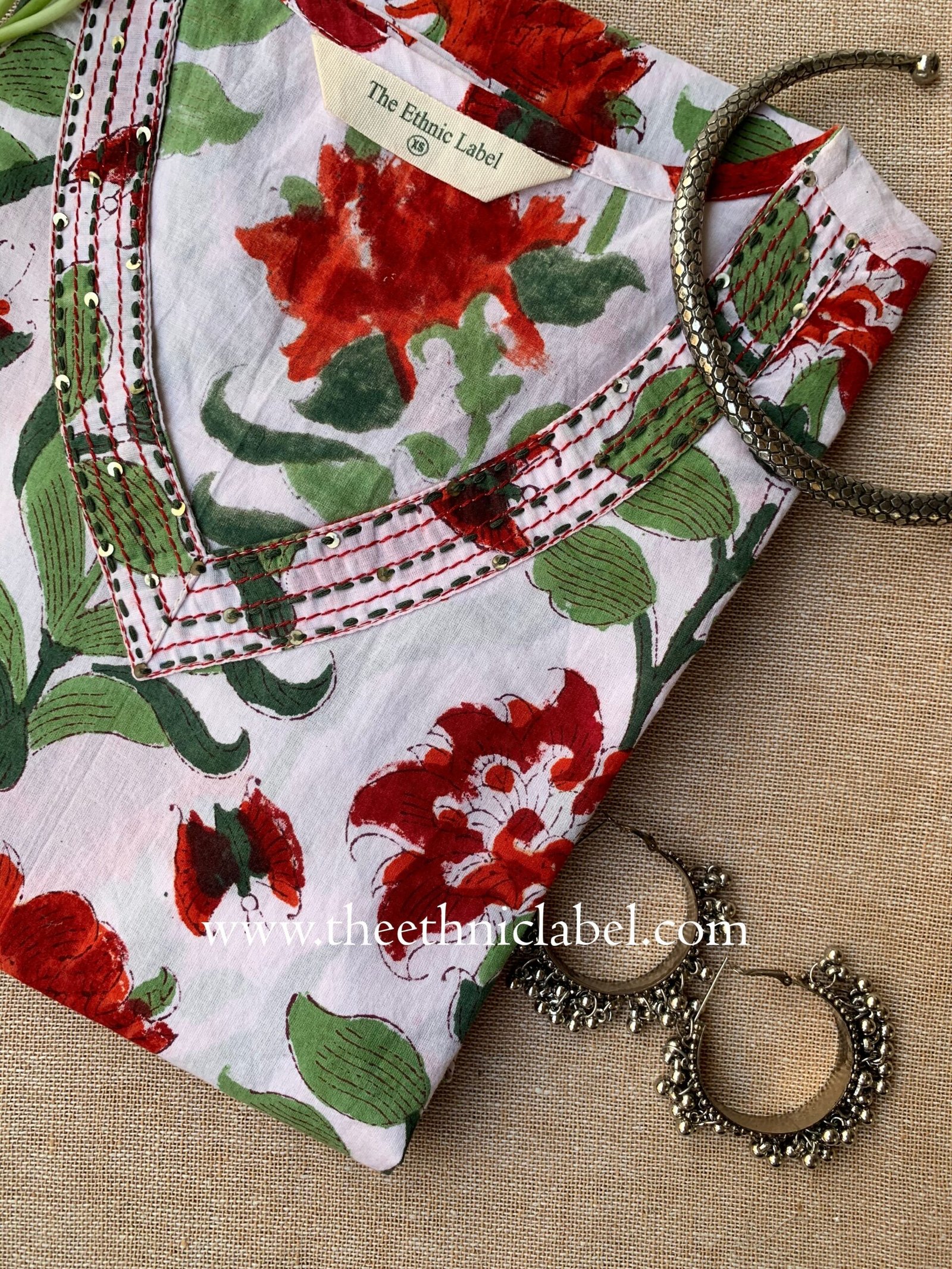 "Kasturi" Hand Block Printed Kantha Cotton kurta - Image 4