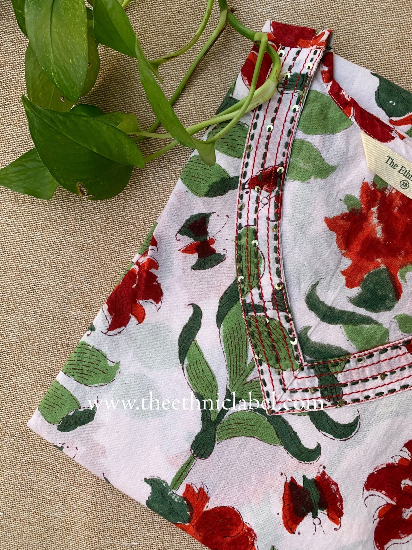 "Kasturi" Hand Block Printed Kantha Cotton kurta - Image 3