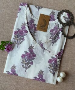 "Verbena" White Purple Angrakha Cotton Kurta
