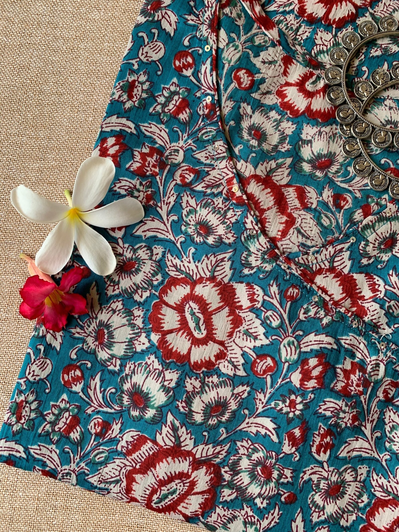 "Bahara" Blue Angrakha Cotton Kurta - Big Size - Image 3