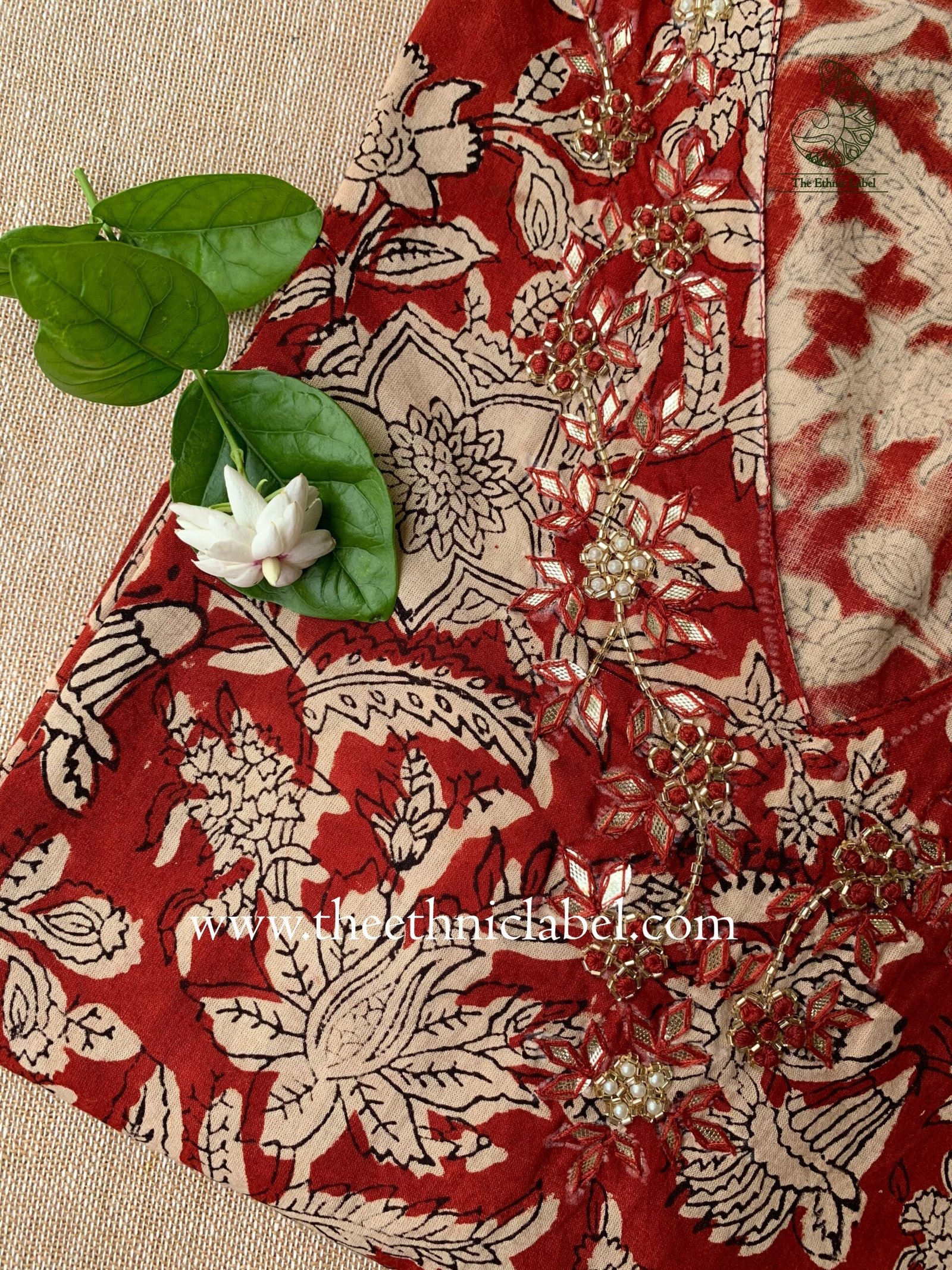 "Amira" Hand Embroidered Bagru Block Printed Cotton kurta - Image 2