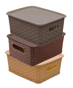 Kitchendesigner Plastic 3 Pieces Small Size Multipurpose Solitaire Storage Basket with Lid