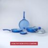 Royal Velvet Non-Stick 5-Piece Cookware Set (Fry Pan With Lid, Wok, Dosa Tawa, Mini Fry Pan) Induction Bottom, Soft-Touch Handles, Virgin Grade Aluminium, PFOA/Heavy Metals Free, 3 Mm, 2 Years Warranty, Blue