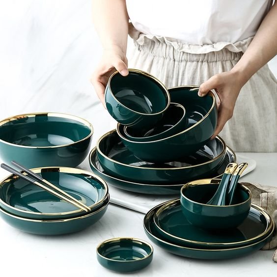 Luxury Plates and Bowls Dish Spoon Dinner Set with Glod Rim Ceramic Salad Ramen Bowl Deep Plate Crockery Green Dinnerware | Wish