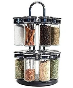 16 REVOLVING MASALA PLASTIC HERBS KITCHEN SPICE RACK CAROUSEL STAND 2 TIER GLASS JARS BACK SILVER CHROME