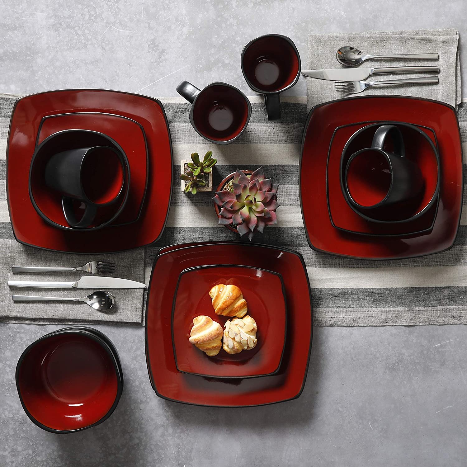 Gibson Home Soho Lounge Square Stoneware 16-Piece Dinnerware Set, Red - Image 4