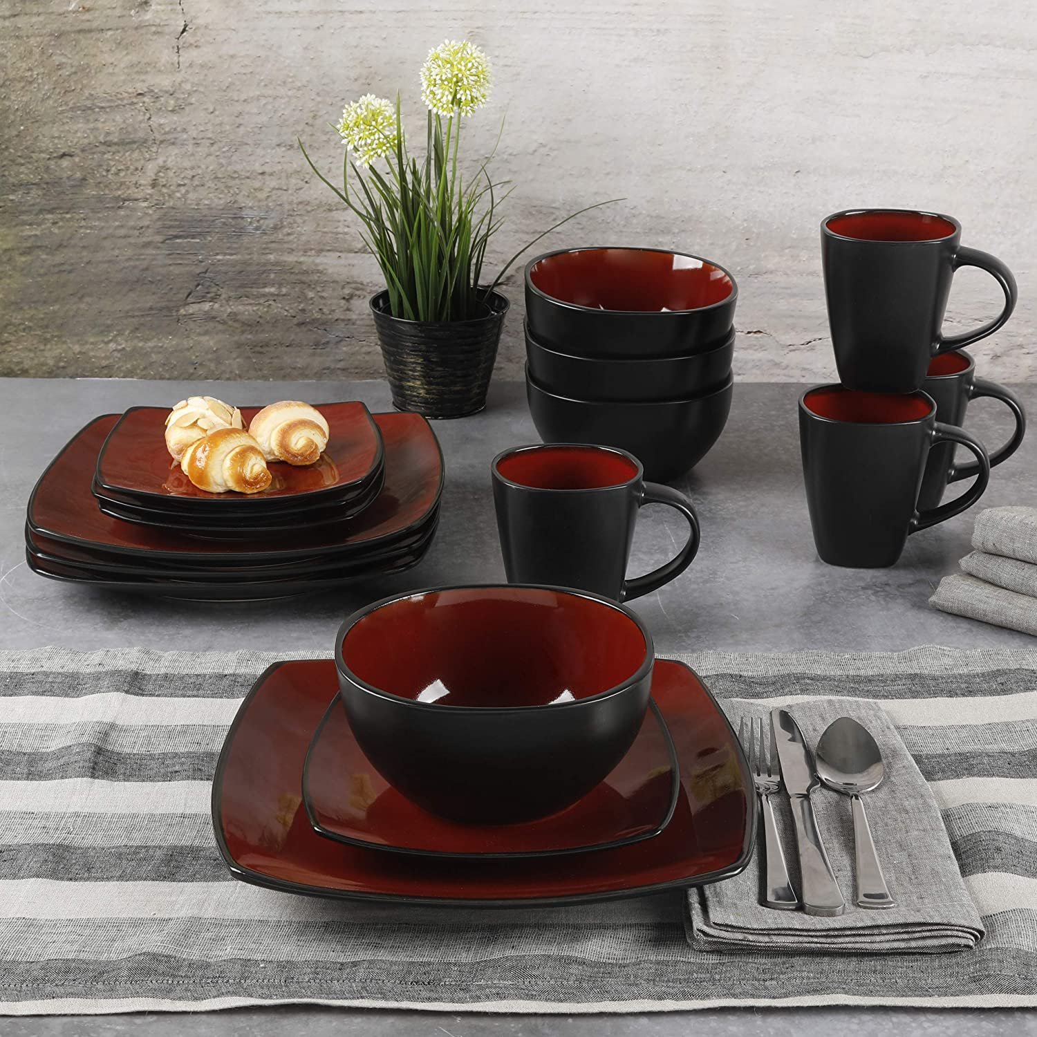 Gibson Home Soho Lounge Square Stoneware 16-Piece Dinnerware Set, Red - Image 3